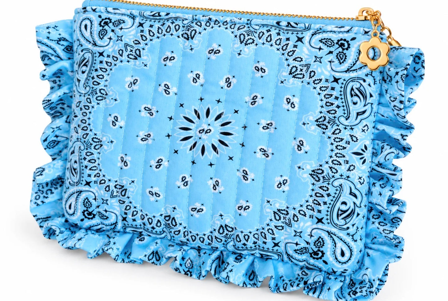 ELLISON+YOUNG BANDANA RUFFLE EVERYTHING POUCH, QUILTED COSMETIC CASE (Sky Blue)
