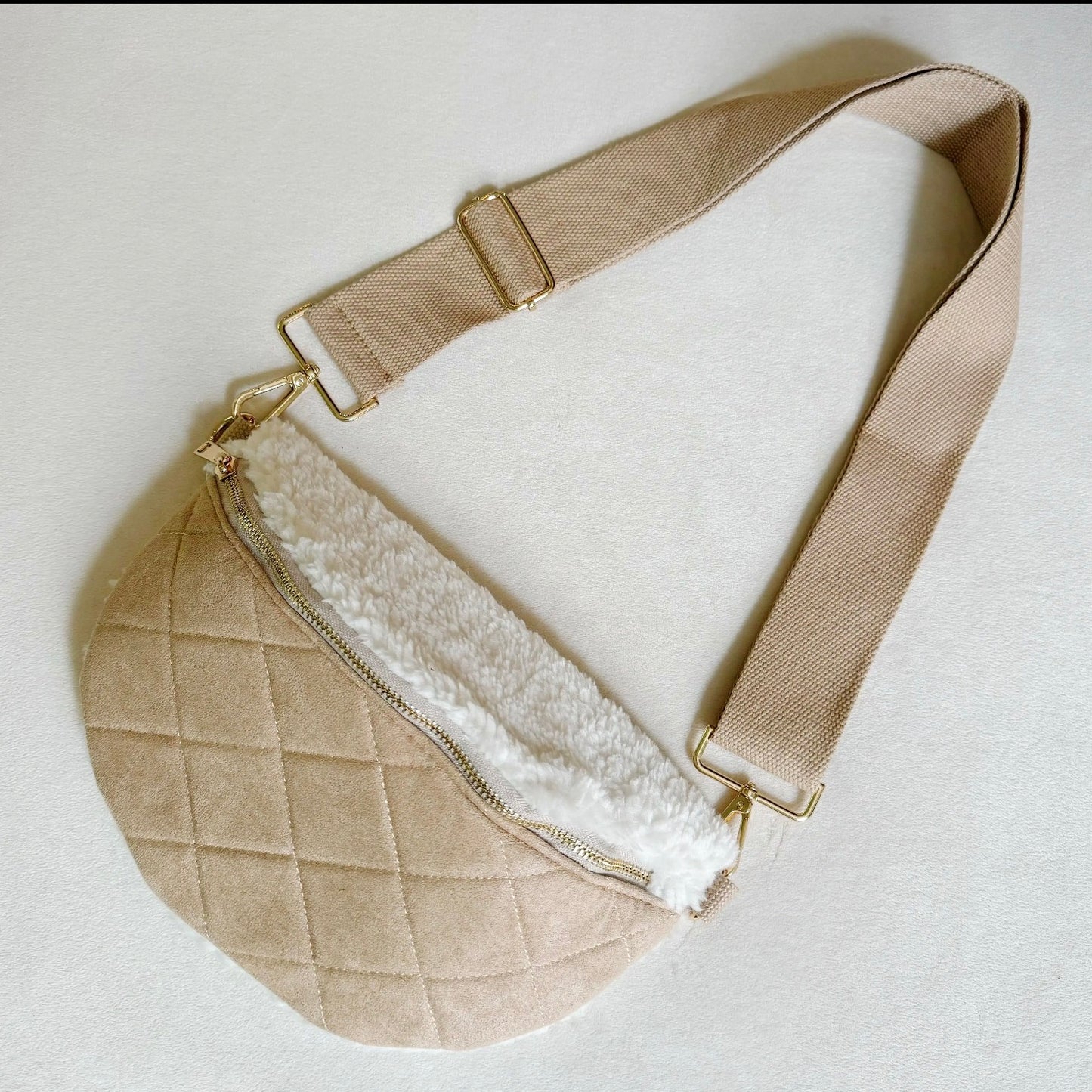 FUZZY AND QUILTED LUXE SLING BAG (Taupe)