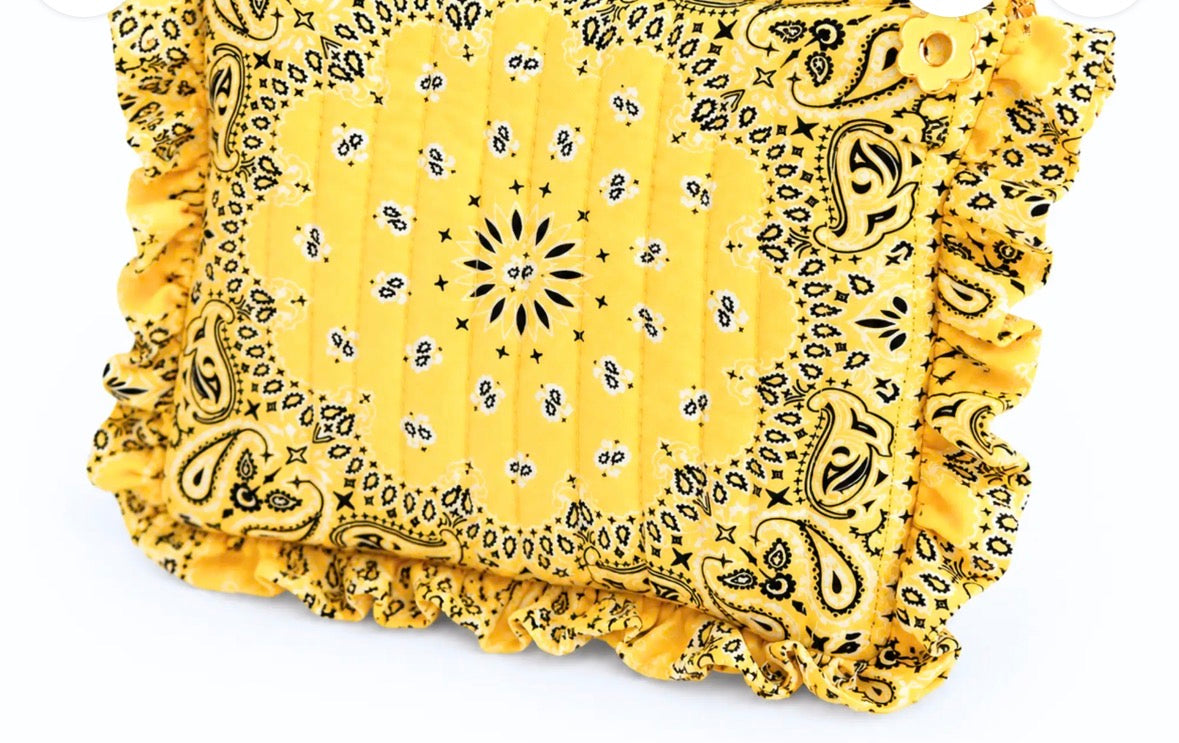 ELLISON+YOUNG BANDANA RUFFLE EVERYTHING POUCH, QUILTED COSMETIC CASE (Yellow)
