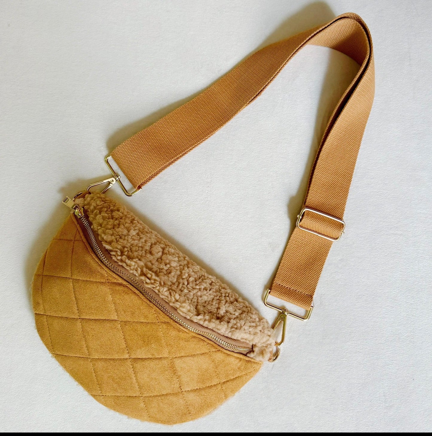 FUZZY AND QUILTED LUXE SLING BAG (Camel)